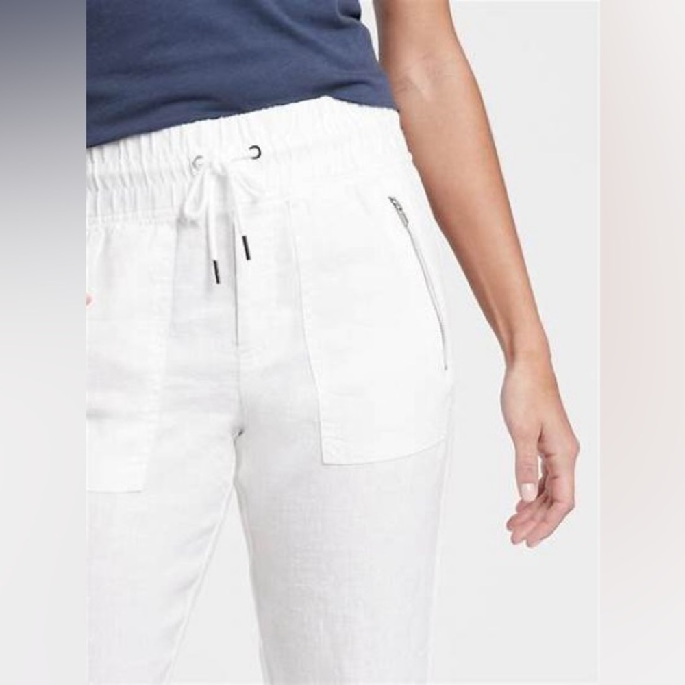 Athleta Women’s White Cabo Linen High Rise Silver Zip Drawstring Joggers Size 10 - Picture 3 of 16